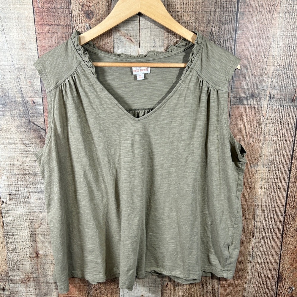 Knox Rose Olive Green Ruffle V-Neck Top Boho Slub Knit Cap Sleeve Tank XXL